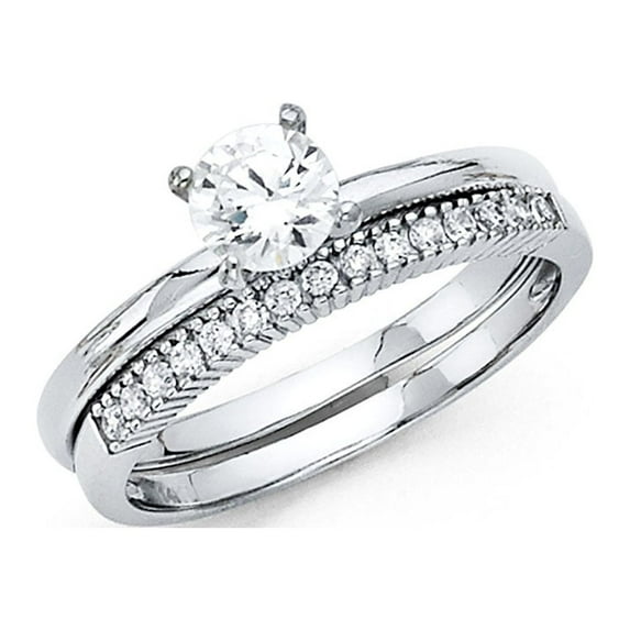 Solid 14k White Gold Round Cubic Zirconia CZ Wedding Band and Engagement Bridal Ring Two Piece Set Size 7.5