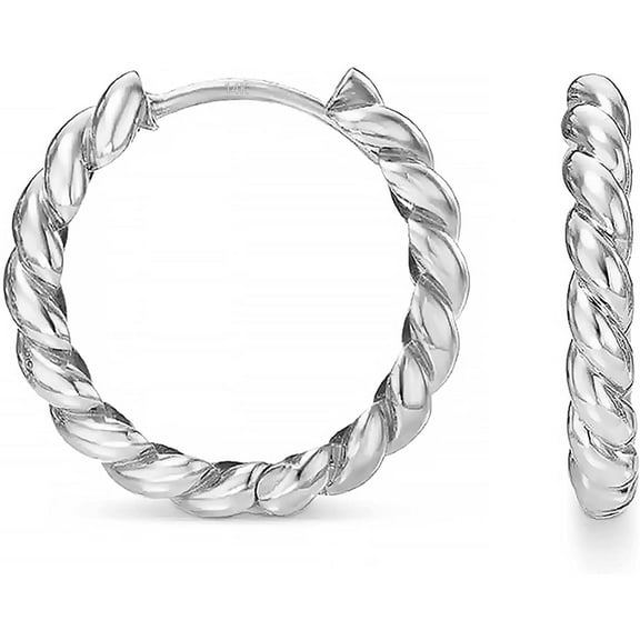 Solid 14k White Gold Twisted Rope Round Huggie Hoop Earrings