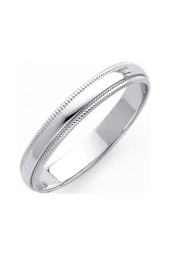Solid 14k White Gold Wedding Band Plain Milgrain Ring Polished Finish Regular Fit, 3 mm Size 5