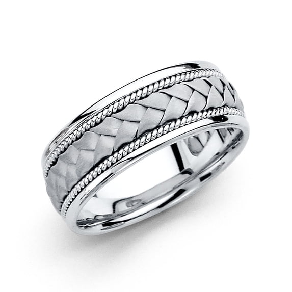Solid 14k White Gold Wedding Band Rope Braided Ring Design Comfort Fit Polished Style Mens 8 mm, Size 9.5
