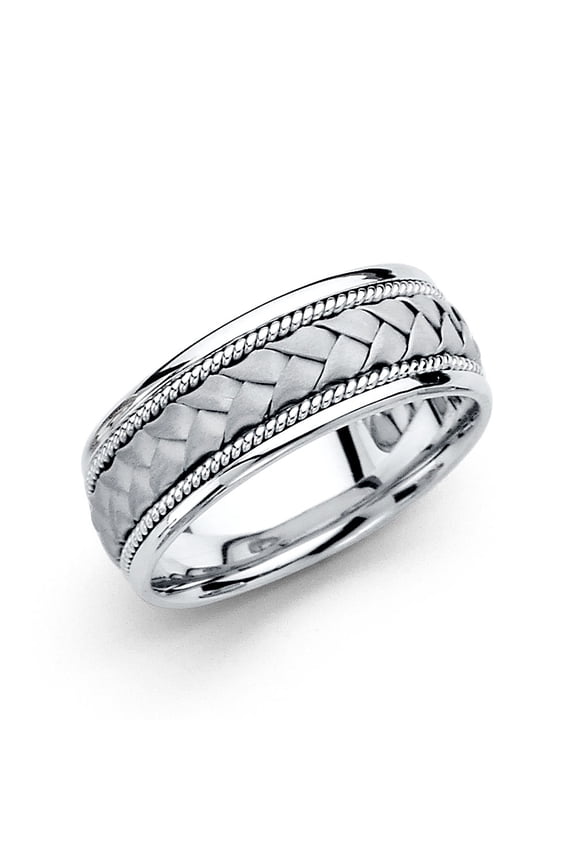 Solid 14k White Gold Wedding Band Rope Braided Ring Design Comfort Fit Polished Style Mens 8 mm, Size 9