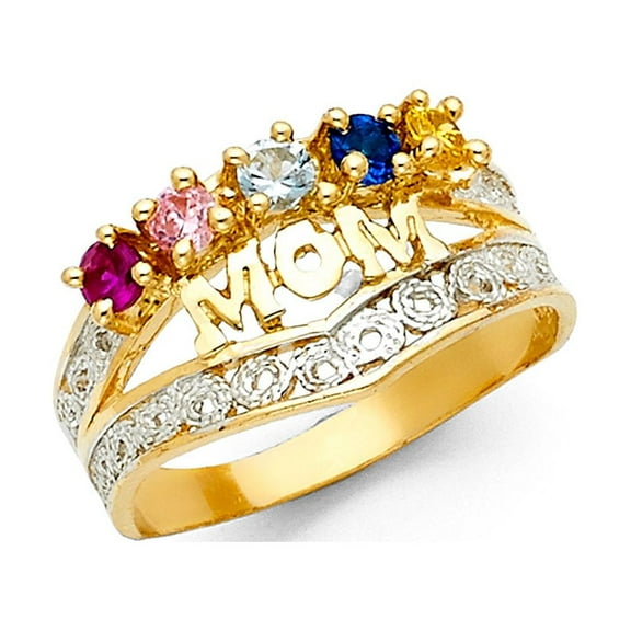 Solid 14k White Yellow Gold Mom Band Mothers Ring Five Stone CZ Multi Color Diamond Cut Fancy, Size 9