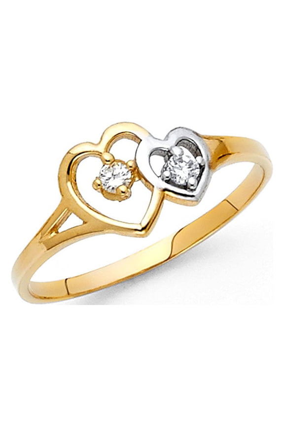 Solid 14k White Yellow Gold Two Hearts Ring Love Heart Band CZ Promise Ring Polished Two Tone, Size 5