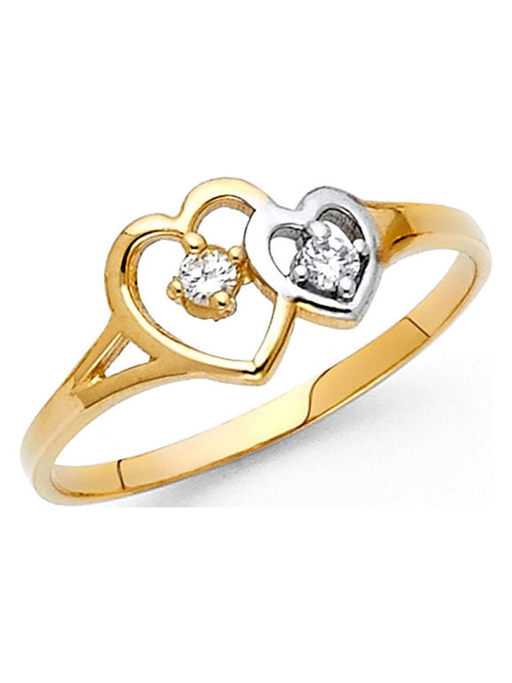 Solid 14k White Yellow Gold Two Hearts Ring Love Heart Band CZ Promise Ring Polished Two Tone, Size 8.5