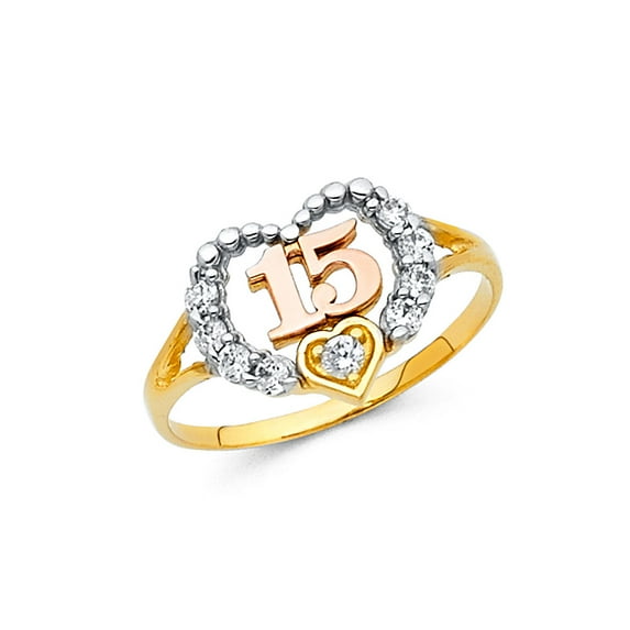 Solid 14k White Yellow and Rose Three Color Gold Fifteen 15 Year Birthday Quincea_era Fashion Anniversary Cubic Zirconia CZ Ring Size 8