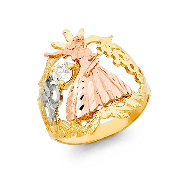 Solid 14k White Yellow and Rose Three Color Gold Fifteen 15 Year Birthday Quincea_era Fashion Anniversary Ring Size 10.5