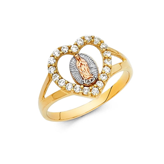 Solid 14k White Yellow and Rose Three Color Gold Our Lady of Guadalupe Virgin Mary Cubic Zirconia CZ Ring Size 10.5