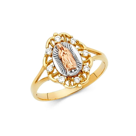 Solid 14k White Yellow and Rose Three Color Gold Our Lady of Guadalupe Virgin Mary Cubic Zirconia CZ Ring Size 10