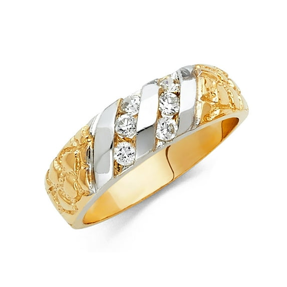 Solid 14k White and Yellow Gold Ring Two Tone Cubic Zirconia CZ Mens Anniversary Wedding Band Size 6