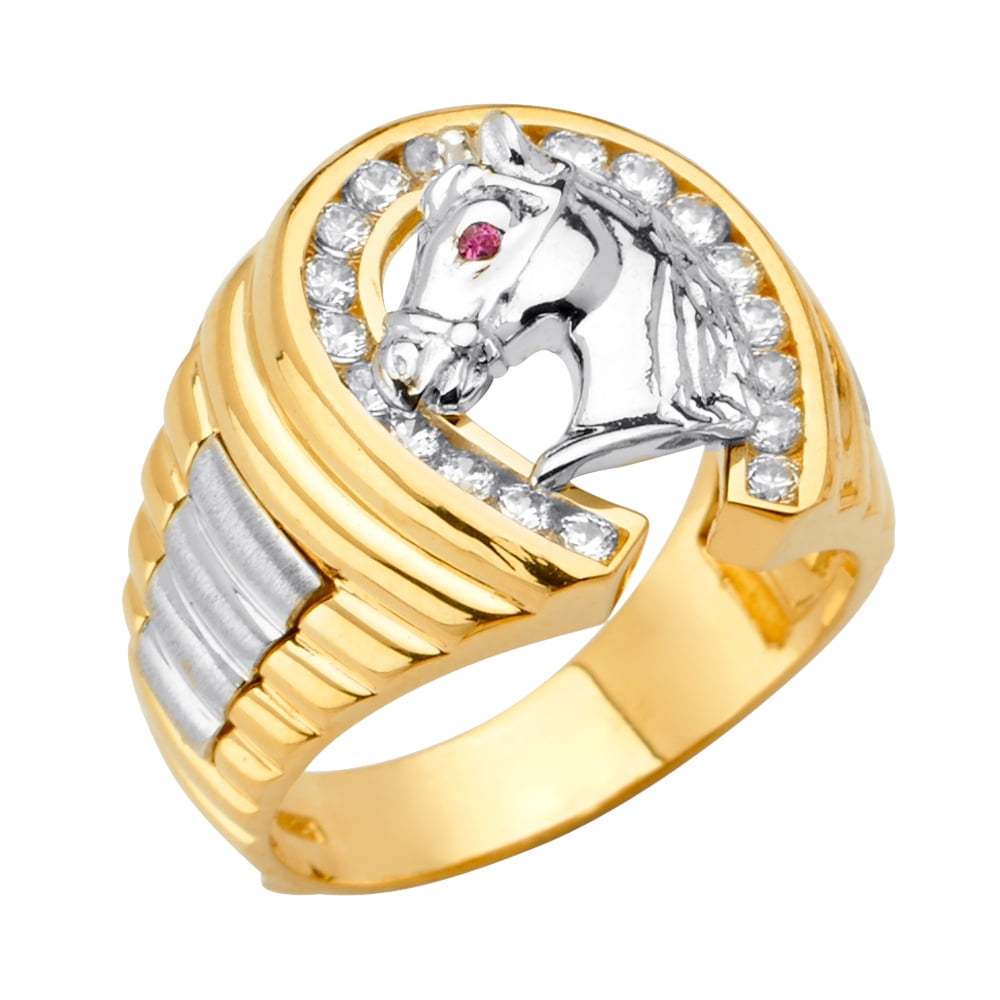 Solid 14k White and Yellow Gold Two Tone Horse Shoe Mens Cubic Zirconia ...