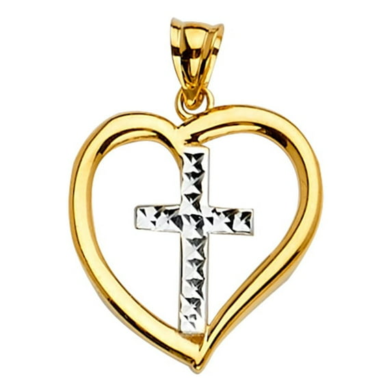 Solid 14k White and Yellow Two Tone Gold Heart W Cross Pendant 24mm X 17mm