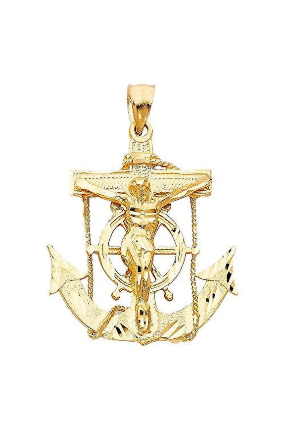 Solid 14k Yellow Fine Gold Jesus Cross Mariner Charm Anchor Crucifix Pendant 6 Sizes (TGDJ-1222)