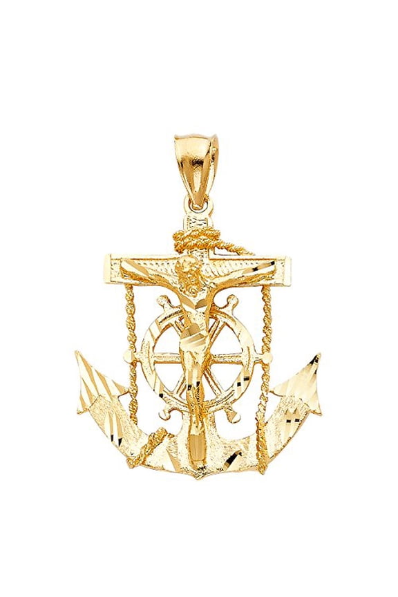 Solid 14k Yellow Fine Gold Jesus Cross Mariner Charm Anchor Crucifix Pendant 6 Sizes (TGDJ-1223)