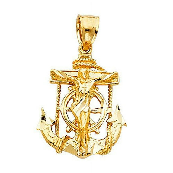 Solid 14k Yellow Fine Gold Jesus Cross Mariner Charm Anchor Crucifix Pendant 6 Sizes (TGDJ-1227)