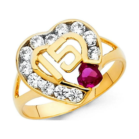 Solid 14k Yellow Gold 15 Birthday Ring Heart CZ Quinceanera Band Red CZ Stylish Polished Fancy, Size 6