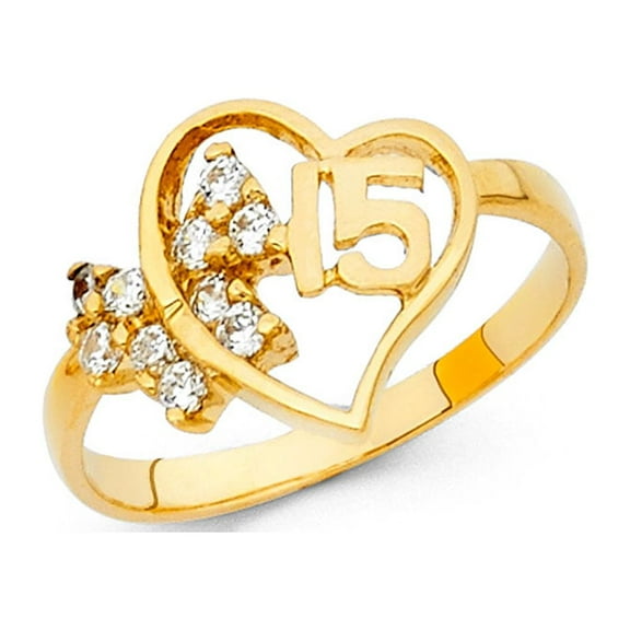 Solid 14k Yellow Gold 15 Birthday Ring Heart Quinceanera Band CZ Cluster Fashion Style Polished, Size 9
