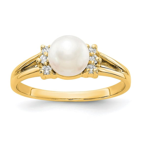 Solid 14k Yellow Gold 6mm Freshwater Cultured Pearl Diamond Ring Band Size 5 (.072 cttw.)
