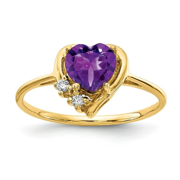 Solid 14k Yellow Gold 6mm Heart Amethyst Purple February Gemstone Diamond Engagement Ring Size 7 (.03 cttw.)