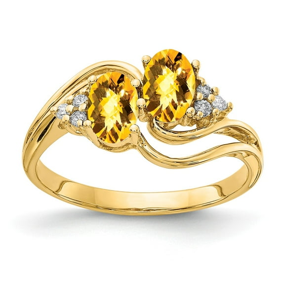 Solid 14k Yellow Gold 6x4mm Oval Citrine Yellow November Gemstone Checker Diamond Engagement Ring Size 5.5 (.048 cttw.)