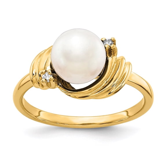 Solid 14k Yellow Gold 7mm Freshwater Cultured Pearl Diamond Ring Band Size 9 (.024 cttw.)