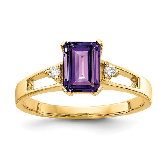 Solid 14k Yellow Gold 7x5mm Emerald Cut Amethyst Purple February Gemstone Diamond Engagement Ring Size 5 (.04 cttw.)
