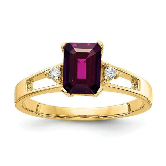 Solid 14k Yellow Gold 7x5mm Emerald Cut Rhodolite Garnet January Red Gemstone Diamond Engagement Ring Size 7 (.04 cttw.)
