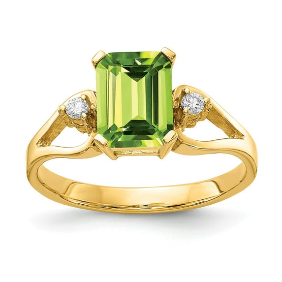 Solid 14k Yellow Gold 8x6mm Emerald Cut Peridot Green August Gemstone Diamond Engagement Ring Size 7.5 (.05 cttw.)