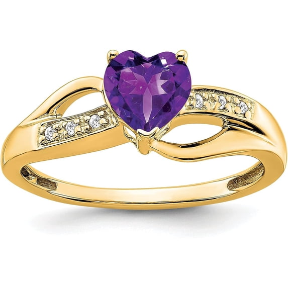 Solid 14k Yellow Gold Amethyst and Diamond Heart Ring - Ring Size 7.0