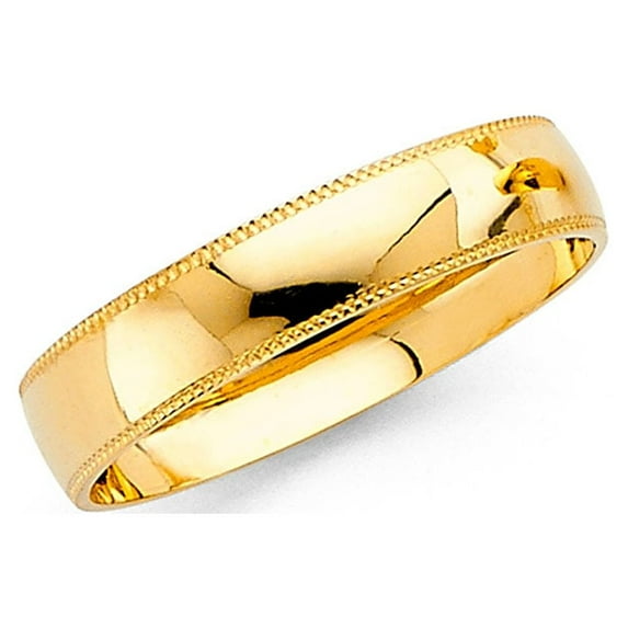 Solid 14k Yellow Gold Band Wedding Ring Milgrain Edges Plain Dome Polished Style Mens Womens 4 mm, Size 9