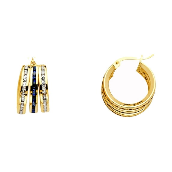 Solid 14k Yellow Gold Blue CZ Hoop Earrings Hoops Round Three Row French Lock Style Fancy Small 10 mm