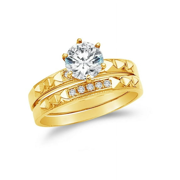 Solid 14k Yellow Gold CZ Cubic Zirconia Round Cut Engagement Ring and Wedding Band Bridal Set (1.05 ct.) , Size 8