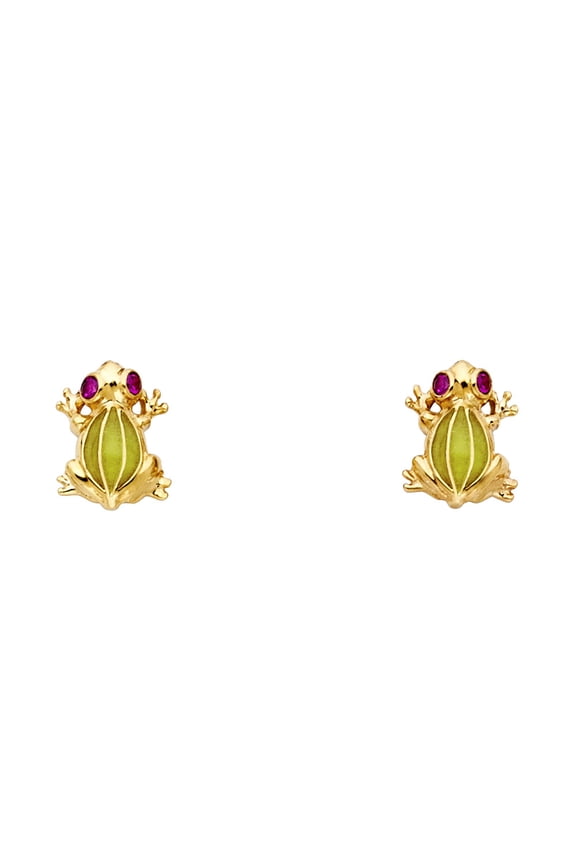 Solid 14k Yellow Gold CZ Frog Stud Earrings Post Studs Good Luck Charm Green & Purple Fancy 10 mm