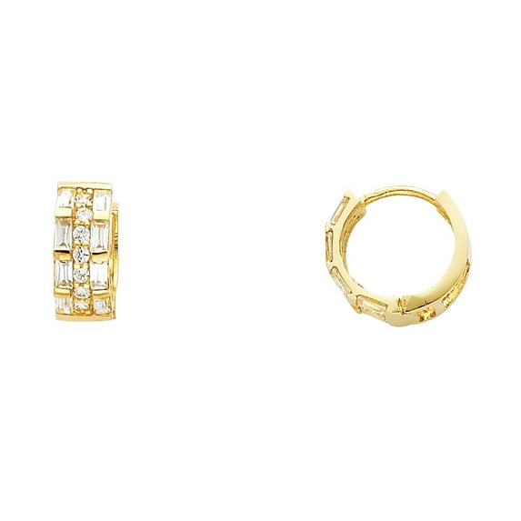 Solid 14k Yellow Gold CZ Huggie Hoop Earrings Huggies Baguette Three Row Style Polished Fancy 13 mm