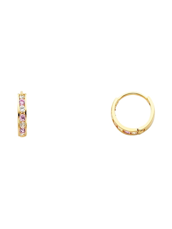 Solid 14k Yellow Gold CZ Huggie Hoops Earrings Round Pink Huggies CZ Pave Polished Finish Small 12 mm