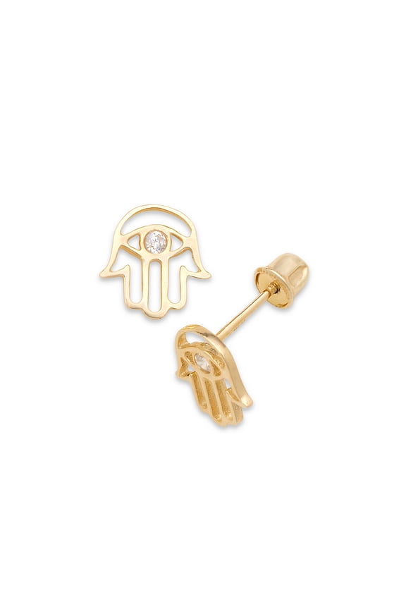 Solid 14k Yellow Gold CZ Protection Hamsa Hand Of God Post Screw Back Stud Earrings For Stud Earring