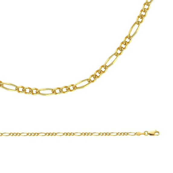 Solid 14k Yellow Gold Chain Figaro Necklace Diamond Cut 3 + 1 Link Pave Polished 3.1 mm 20 inch