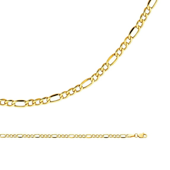 Solid 14k Yellow Gold Chain Figaro Necklace Hollow 3 + 1 Links Bevelled Thin Light , 3.5 mm - 18 inch