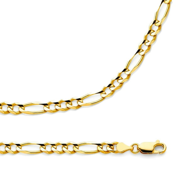 Solid 14k Yellow Gold Chain Figaro Necklace Open Link 3 + 1 Concave Genuine Style 4.7 mm 24 inch