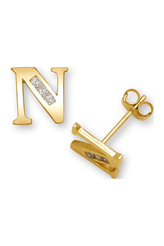 Solid 14k Yellow Gold Channel set (A Z) Cubic Zirconia Letter Name Personalized Monogram Initial Stud Earrings Initial: