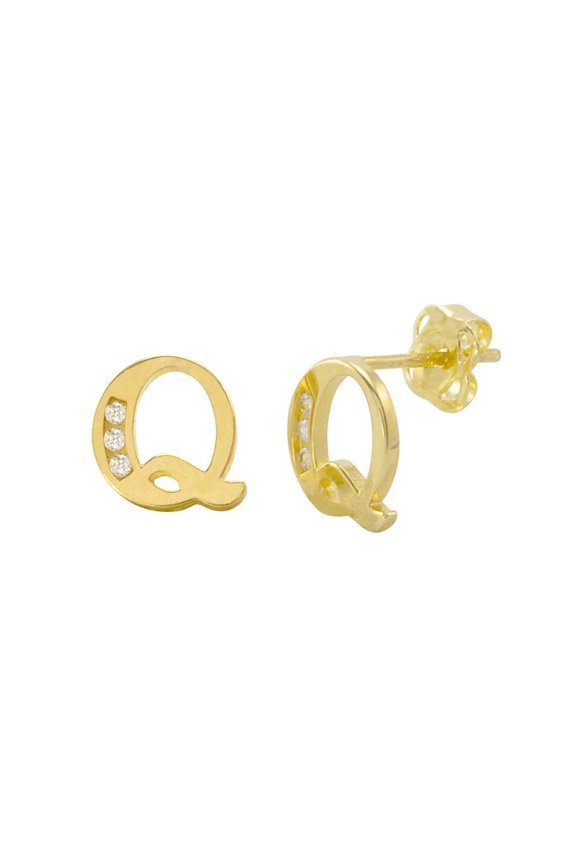 Solid 14k Yellow Gold Channel-set (A-Z) Cubic Zirconia Letter Name Personalized Monogram Initial Stud Earrings Initial: