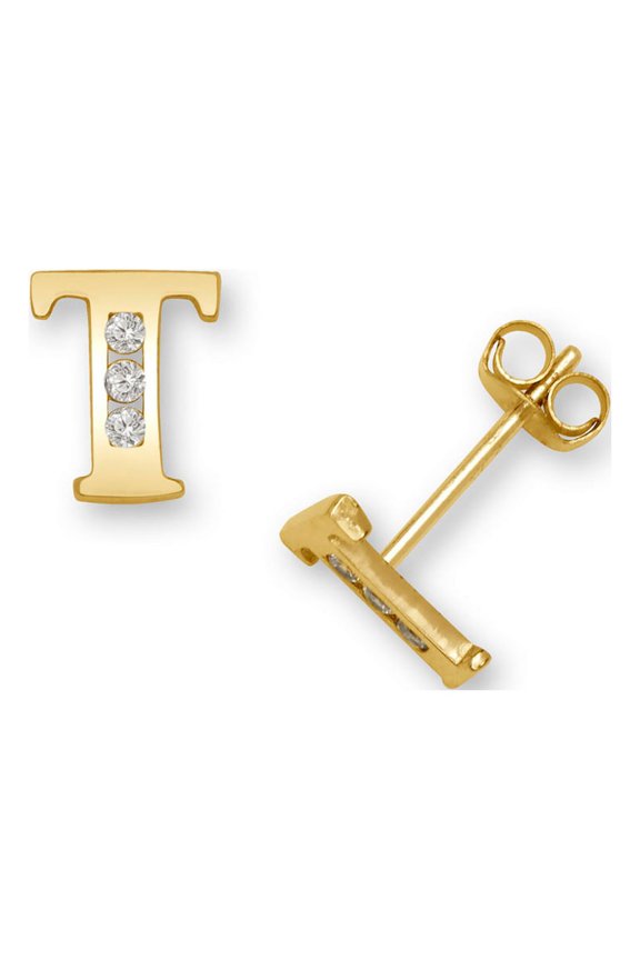 Solid 14k Yellow Gold Channel set (A Z) Cubic Zirconia Letter Name Personalized Monogram Initial Stud Earrings Initial:
