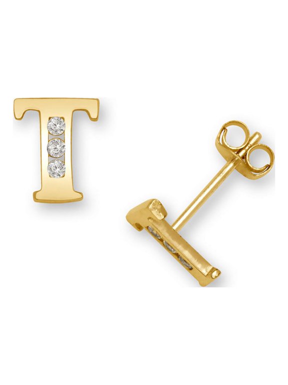 Solid 14k Yellow Gold Channel-set (A-Z) Cubic Zirconia Letter Name Personalized Monogram Initial Stud Earrings Initial: