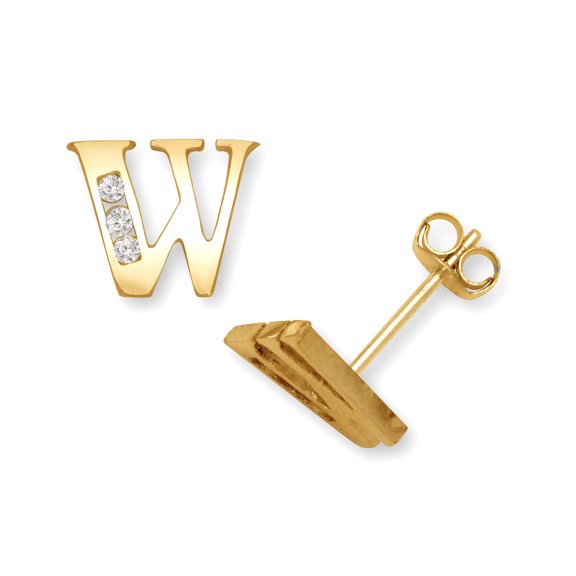 Solid 14k Yellow Gold Channel-set (A-Z) Cubic Zirconia Letter Name Personalized Monogram Initial Stud Earrings Initial:
