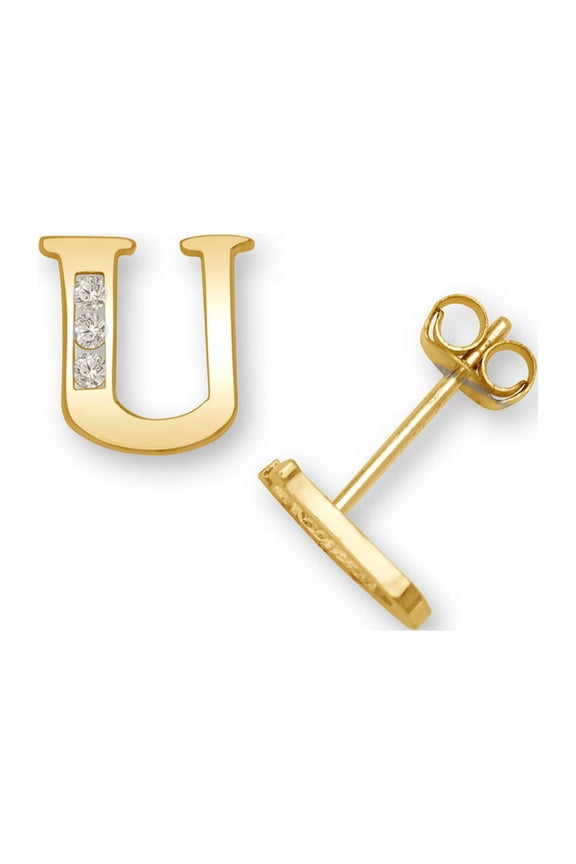 Solid 14k Yellow Gold Channel-set (A-Z) Cubic Zirconia Letter Name Personalized Monogram Initial Stud Earrings Initial:
