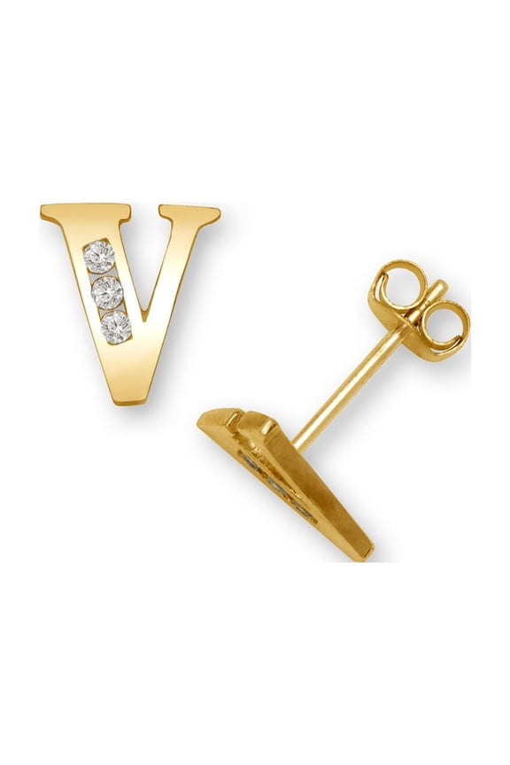 Solid 14k Yellow Gold Channel-set (A-Z) Cubic Zirconia Letter Name Personalized Monogram Initial Stud Earrings Initial: