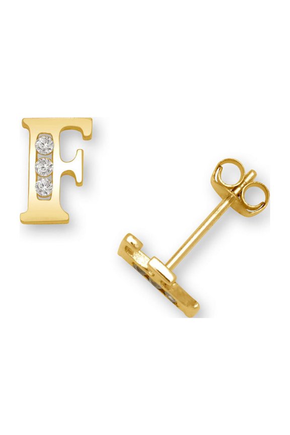 Solid 14k Yellow Gold Channel set (A Z) Cubic Zirconia Letter Name Personalized Monogram Initial Stud Earrings Initial: