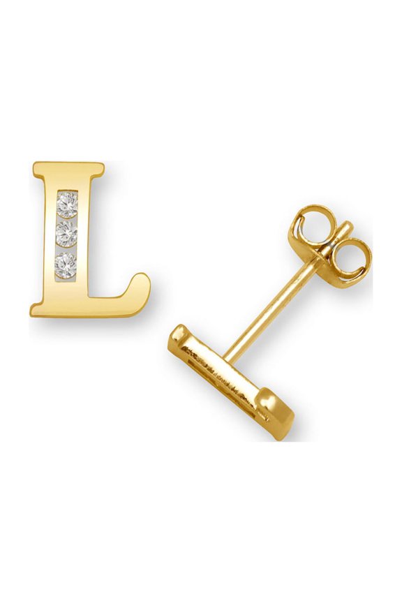 Solid 14k Yellow Gold Channel-set (A-Z) Cubic Zirconia Letter Name Personalized Monogram Initial Stud Earrings Initial: