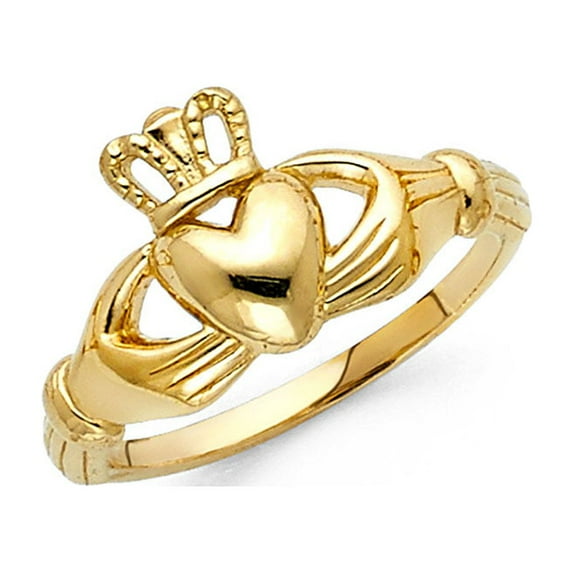 Solid 14k Yellow Gold Claddagh Love Ring Hands Holding Heart Band Polished Finish Fancy 10MM Size 6