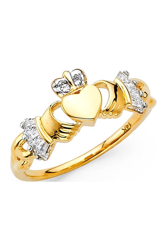 Solid 14k Yellow Gold Claddagh Ring CZ Celtic Band Religious Stylish Diamond Cut Polished Fancy Size 12