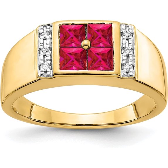 Solid 14k Yellow Gold Created Ruby and Diamond Mens Ring